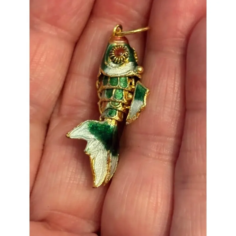 Vintage Articulated Enamel Fish Charm Pendant green